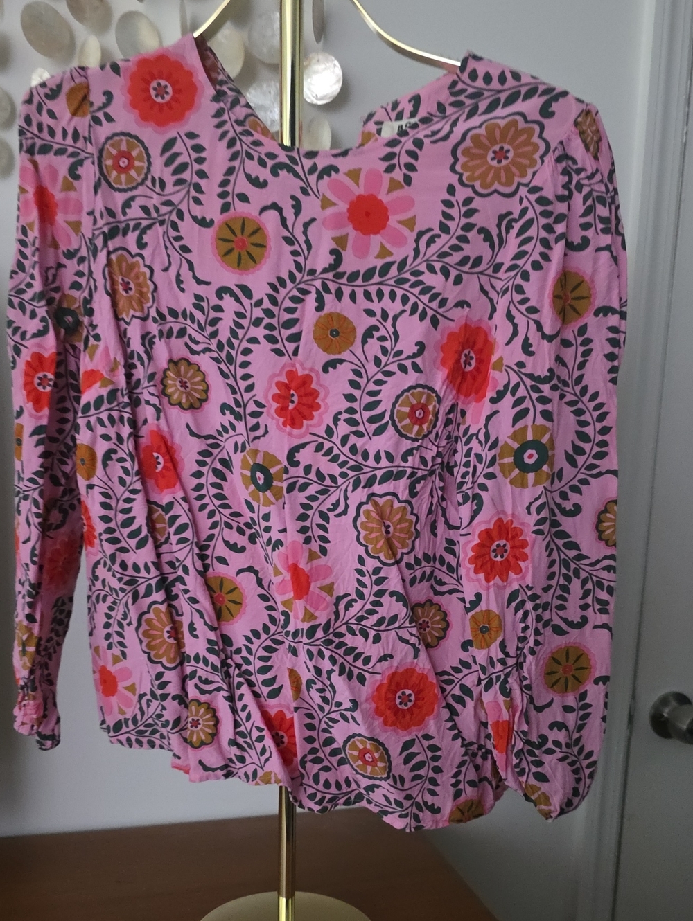 Boden Pink Floral Long-Sleeve Blouse with Multicolor Blooms